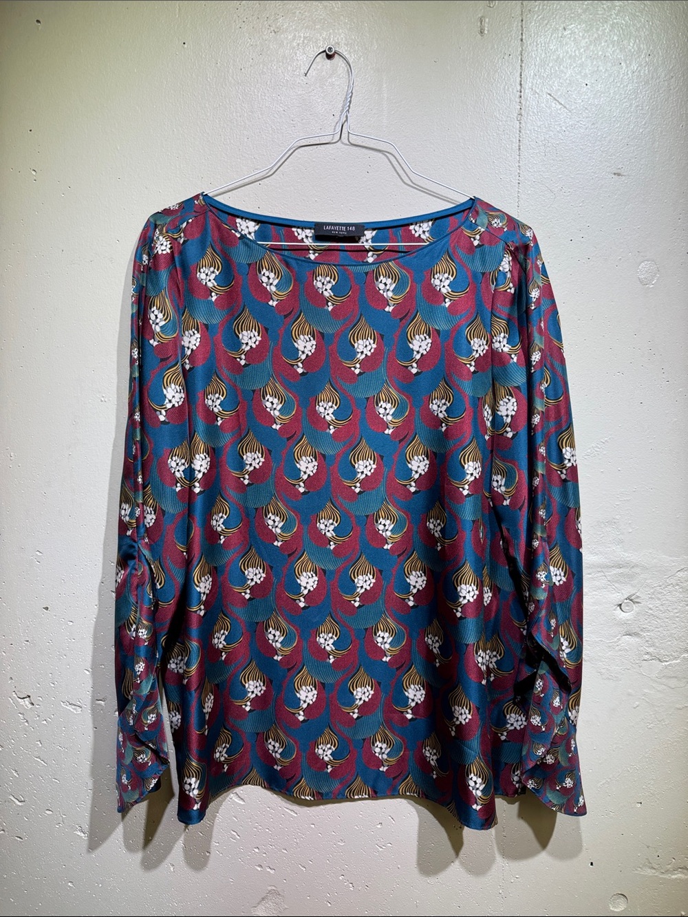 Lafayette 148 Teal & Burgundy Printed Long-Sleeve Blouse